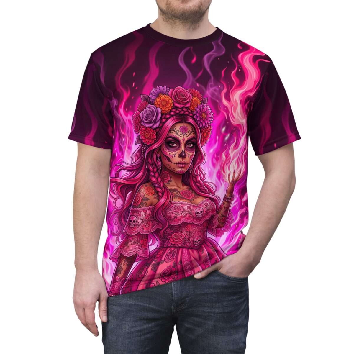 All over print t-shirt with a sugar skull woman, pink flames, and floral crown design.