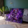Sugar skull woman all over print throw blanket featuring intricate purple flames and floral details. Day of the Dead aesthetic.