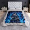 All over print throw blanket featuring a sugar skull woman in a blue floral dress surrounded by blue fire flames and starry background.