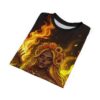 All over print sublimation tee featuring a Day of the Dead sugar skull woman with a flower crown holding fire, surrounded by flames.