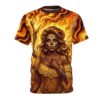 All over print sublimation tee featuring a vibrant fire background with a woman adorned in sugar skull makeup and intricate golden details.