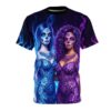 Women's all over print sublimation tee featuring two sugar skull women in blue and purple dresses, surrounded by blue and purple fire graphics.