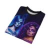 All over print sublimation tee features two women with sugar skull makeup, one with blue hair, the other with purple, set against a dark background.