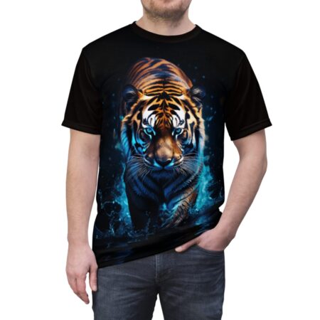 Tiger walking through blue water all over print sublimation tee with cyber grunge aesthetic.