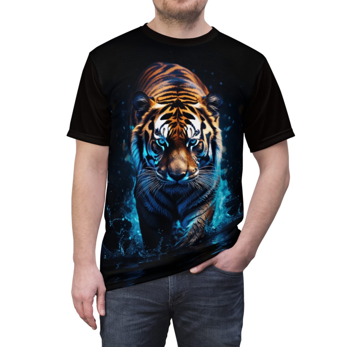 Tiger walking through blue water all over print sublimation tee with cyber grunge aesthetic.