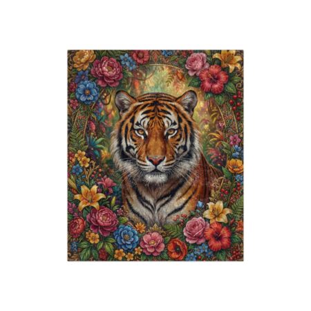 Tiger face surrounded by vibrant, colorful flowers and foliage, perfect for a nature-themed graphic t-shirt.
