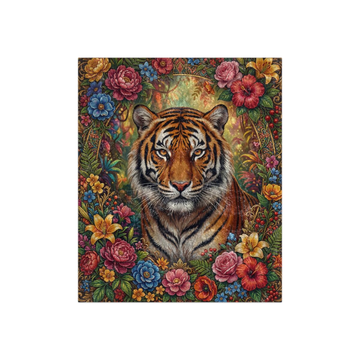 Tiger face surrounded by vibrant, colorful flowers and foliage, perfect for a nature-themed graphic t-shirt.