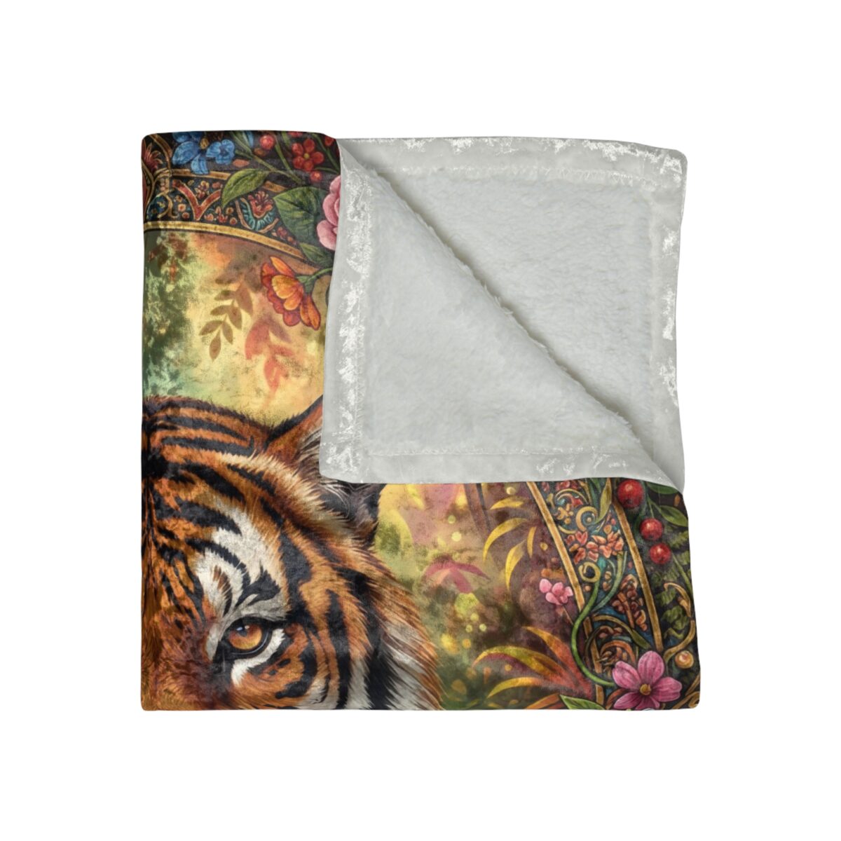 Plush tiger face and ornate floral border all over print blanket, featuring vibrant colors and a soft Sherpa lining.