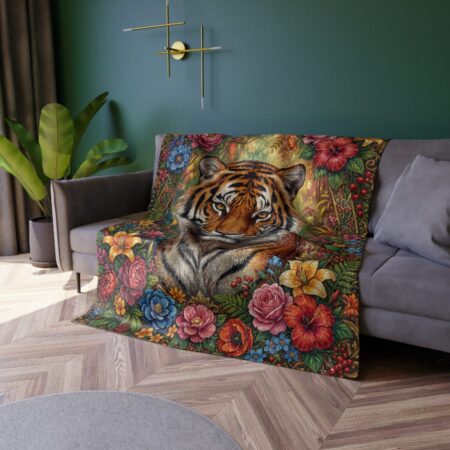 Tiger face surrounded by colorful flowers and leaves, all over print throw blanket.