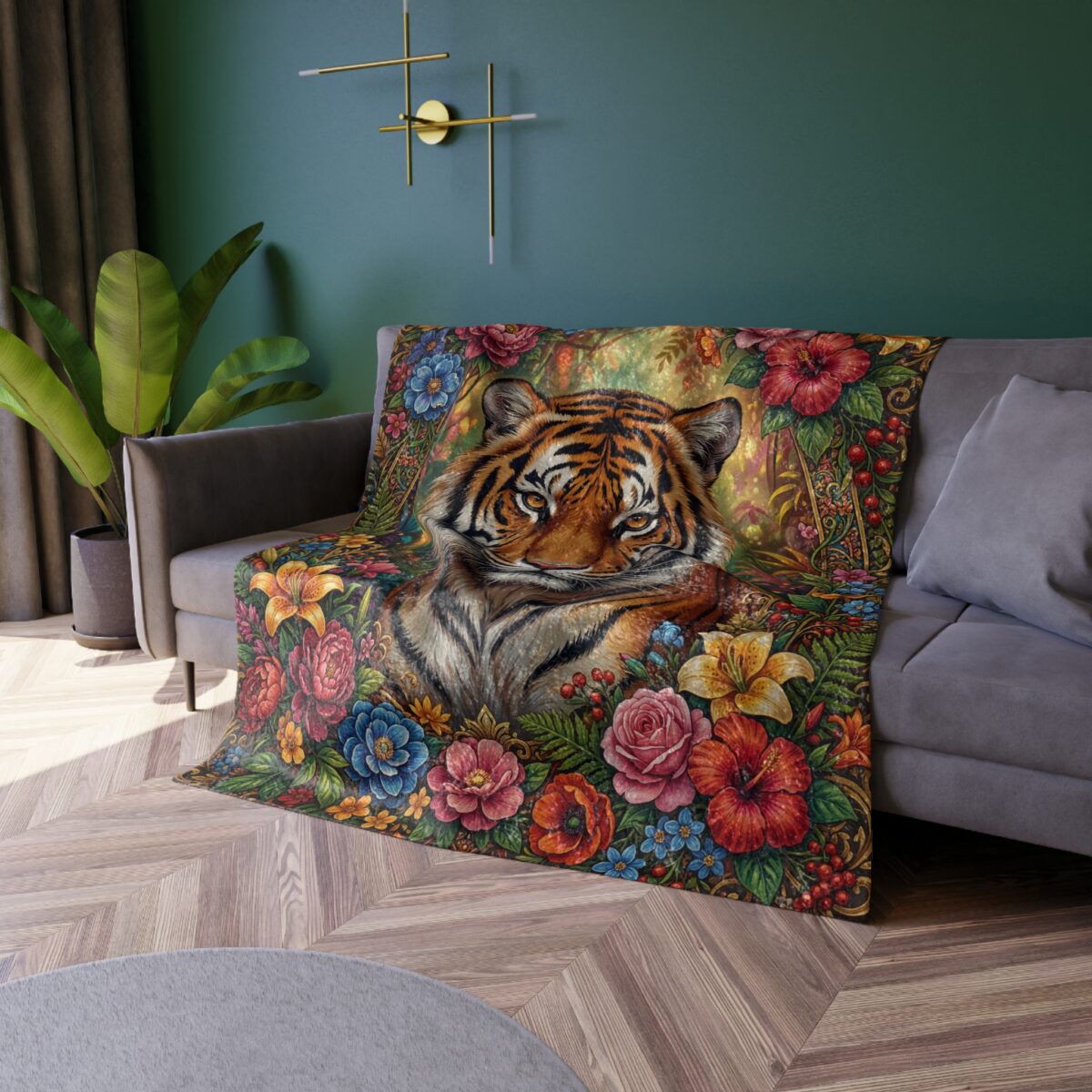 Tiger face surrounded by colorful flowers and leaves, all over print throw blanket.
