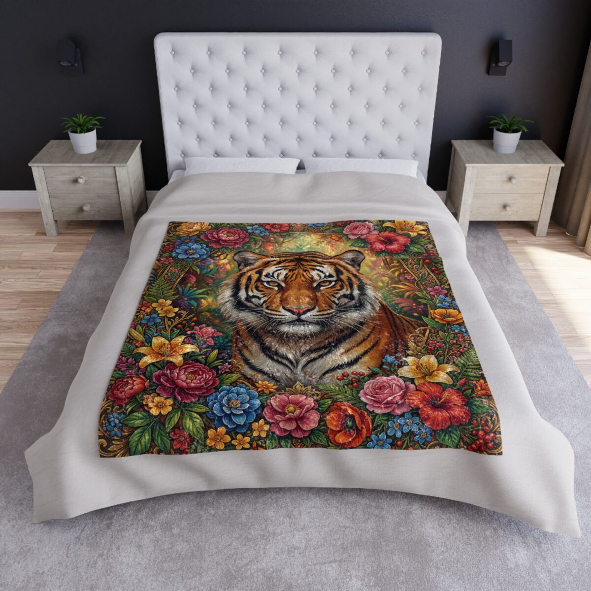 Tiger face centered amidst a vibrant all-over print of colorful flowers and foliage, perfect for a bold home decor statement.