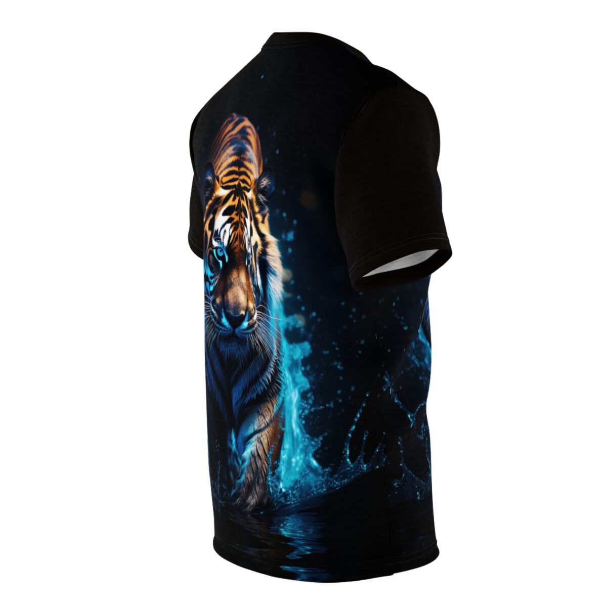 Tiger emerging from blue water splash, all over print sublimation tee.