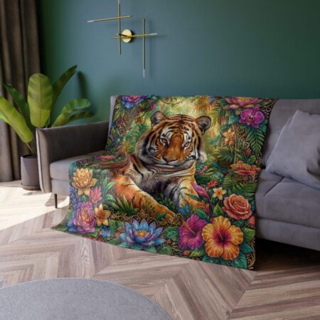 Tiger in lush jungle with vibrant flowers all over print fleece blanket.