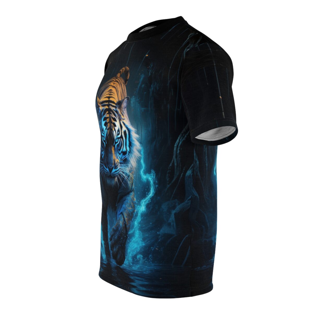 Neon blue lightning tiger walking through dark jungle, all over print sublimation tee.