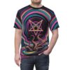 All over print sublimation tee featuring a vibrant trippy pattern with tentacles and a pentagram graphic, cyberpunk aesthetic.