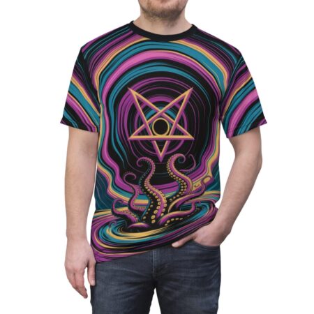All over print sublimation tee featuring a vibrant trippy pattern with tentacles and a pentagram graphic, cyberpunk aesthetic.