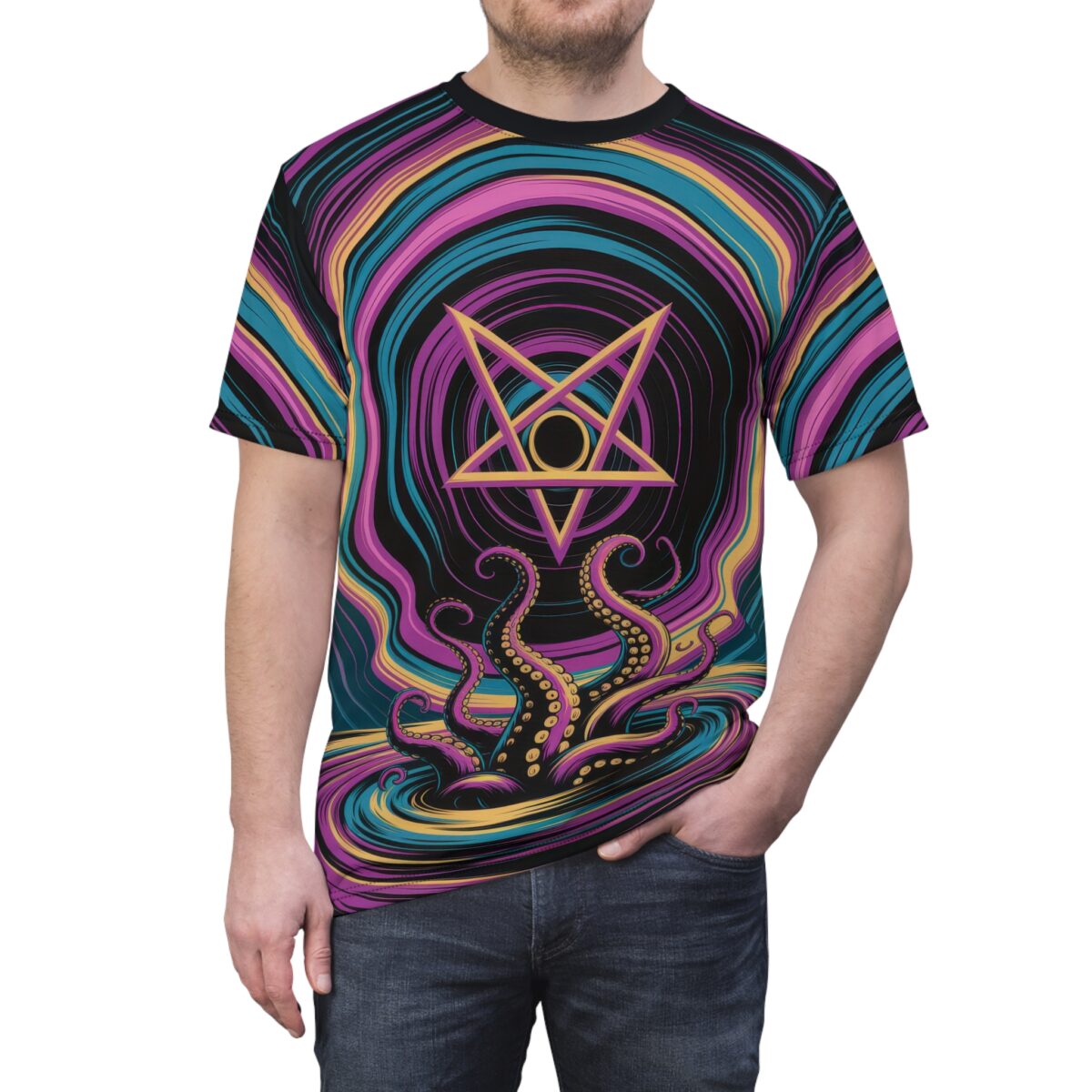 All over print sublimation tee featuring a vibrant trippy pattern with tentacles and a pentagram graphic, cyberpunk aesthetic.