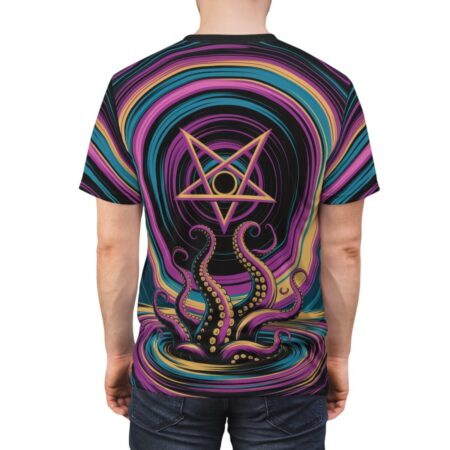 All over print sublimation tee featuring a trippy psychedelic pattern with tentacles and a pentagram graphic.