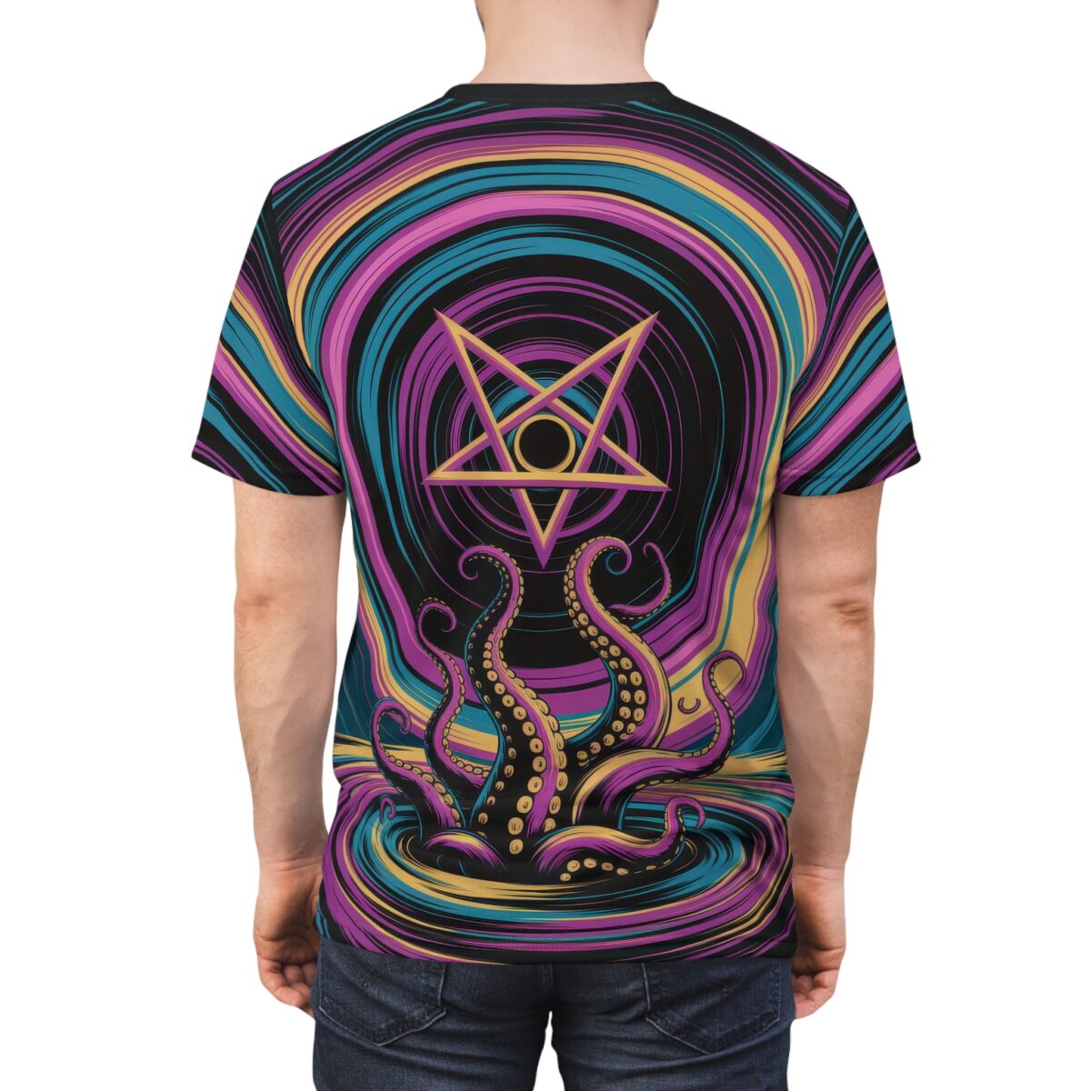 All over print sublimation tee featuring a trippy psychedelic pattern with tentacles and a pentagram graphic.