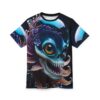 Cyber grunge all over print sublimation tee featuring an aquatic skeletal creature with vibrant eyes and floral coral elements.