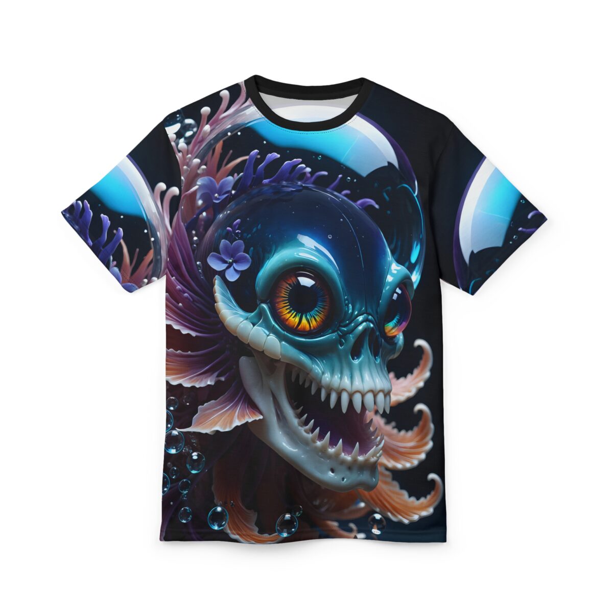 Cyber grunge all over print sublimation tee featuring an aquatic skeletal creature with vibrant eyes and floral coral elements.