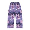 Fantasy pajama pants showcasing a seamless print of unicorns, castles, and enchanted flora in purple and pink tones.