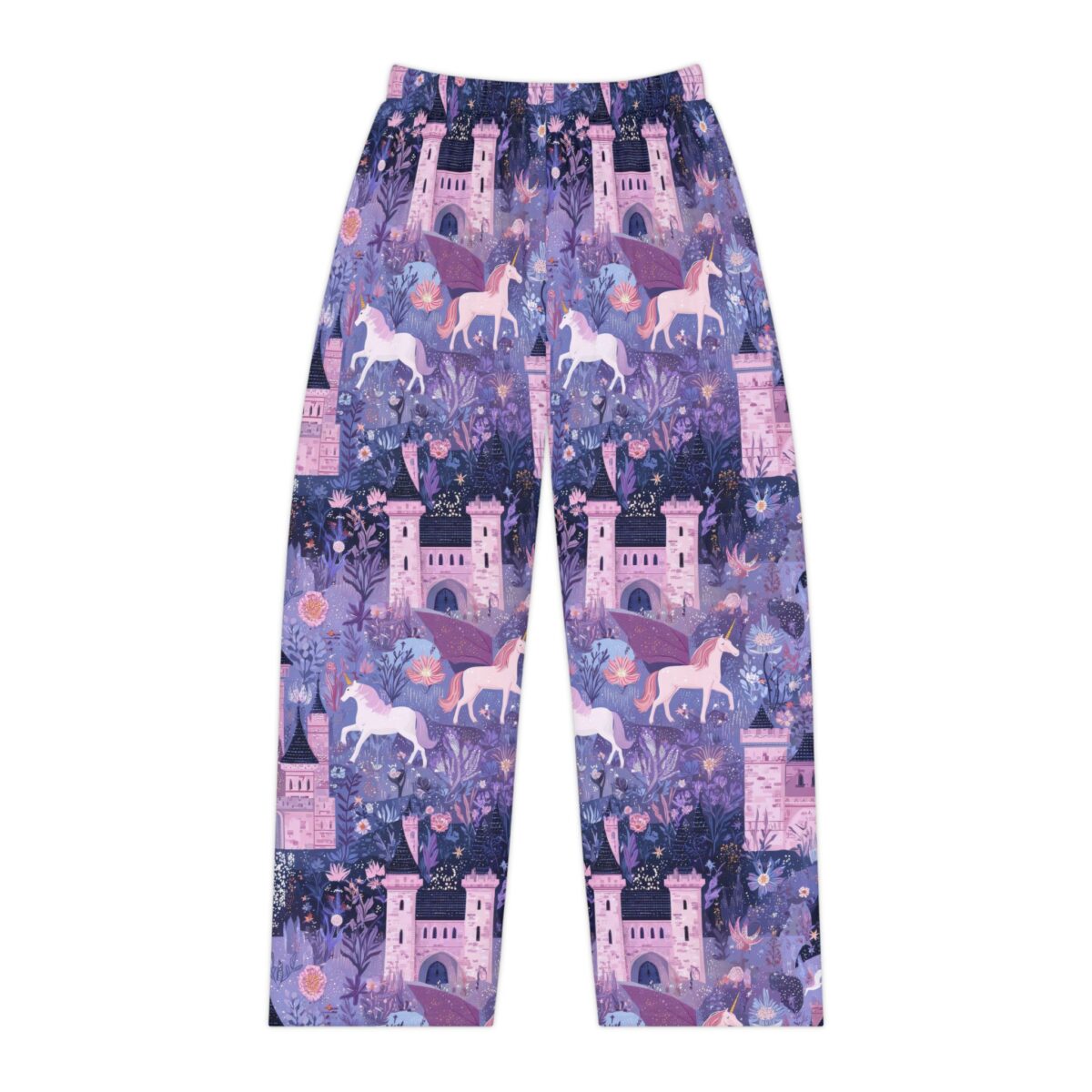 Fantasy pajama pants showcasing a seamless print of unicorns, castles, and enchanted flora in purple and pink tones.