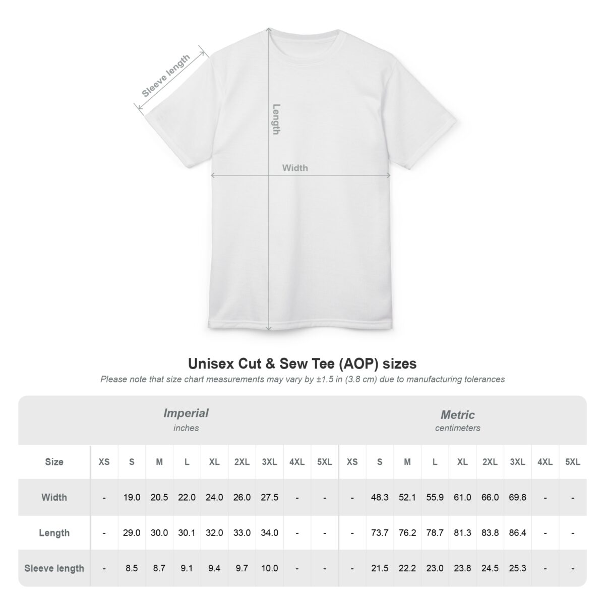 Unisex cut and sew tee all over print sublimation tee size chart with width and length measurements in inches and centimeters.