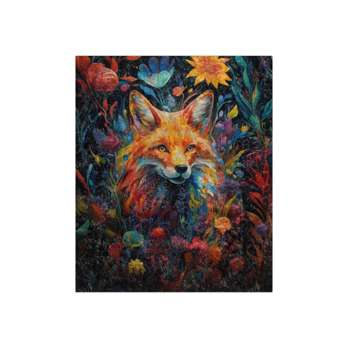 Vibrant fox surrounded by colorful floral art, all over print sublimation tee with intricate details.
