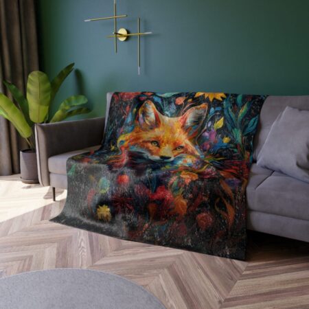 Vibrant fox face peeking through abstract floral leaves and petals, colorful forest all over print fleece throw blanket.