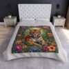 Majestic tiger surrounded by lush, vibrant jungle flowers and foliage in an all-over print blanket.