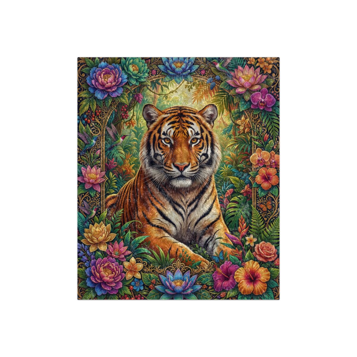 Majestic tiger centered in a lush jungle garden filled with vibrant tropical flowers and foliage.
