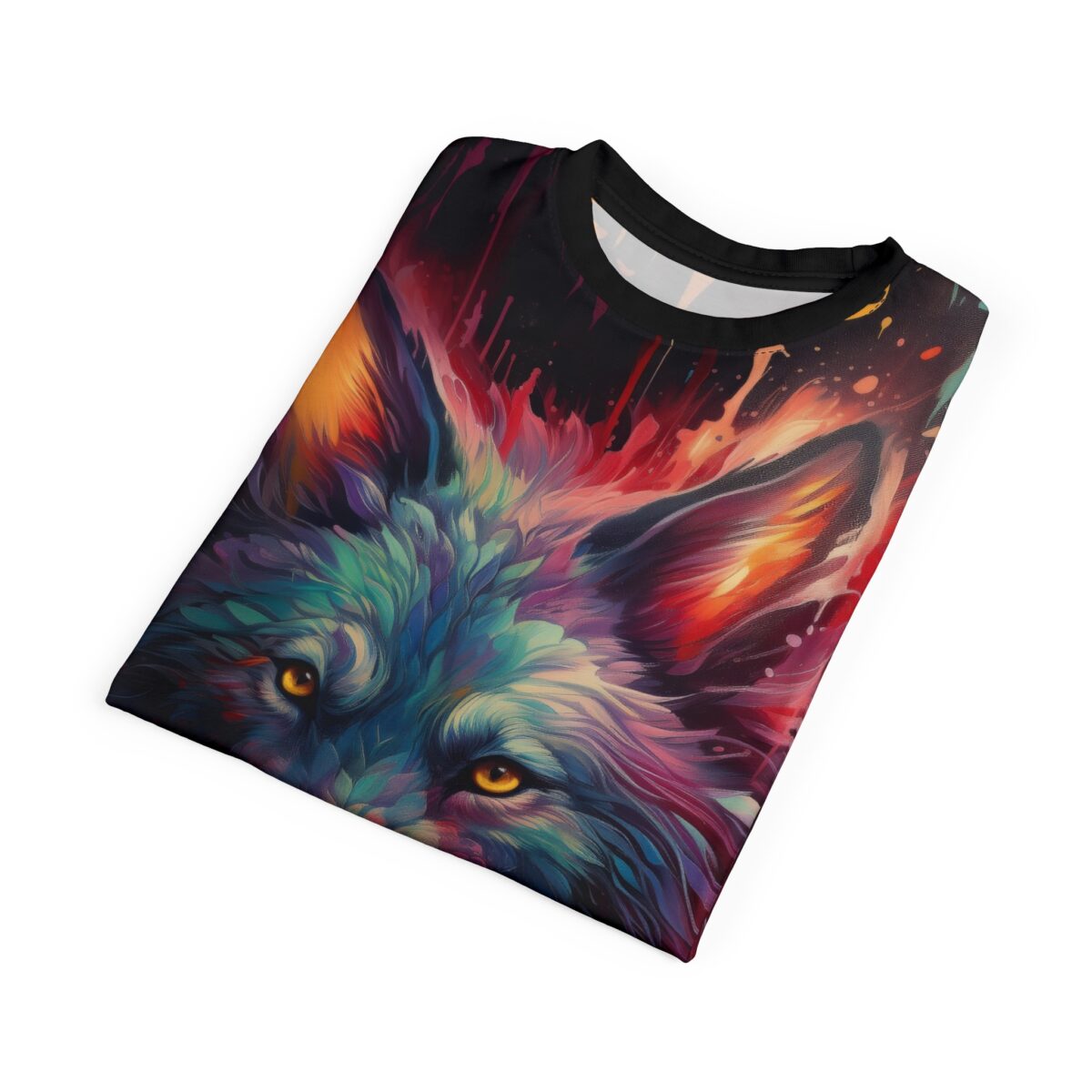 Vibrant wolf portrait all over print sublimation tee, featuring fiery splash graphic and bright yellow eyes.