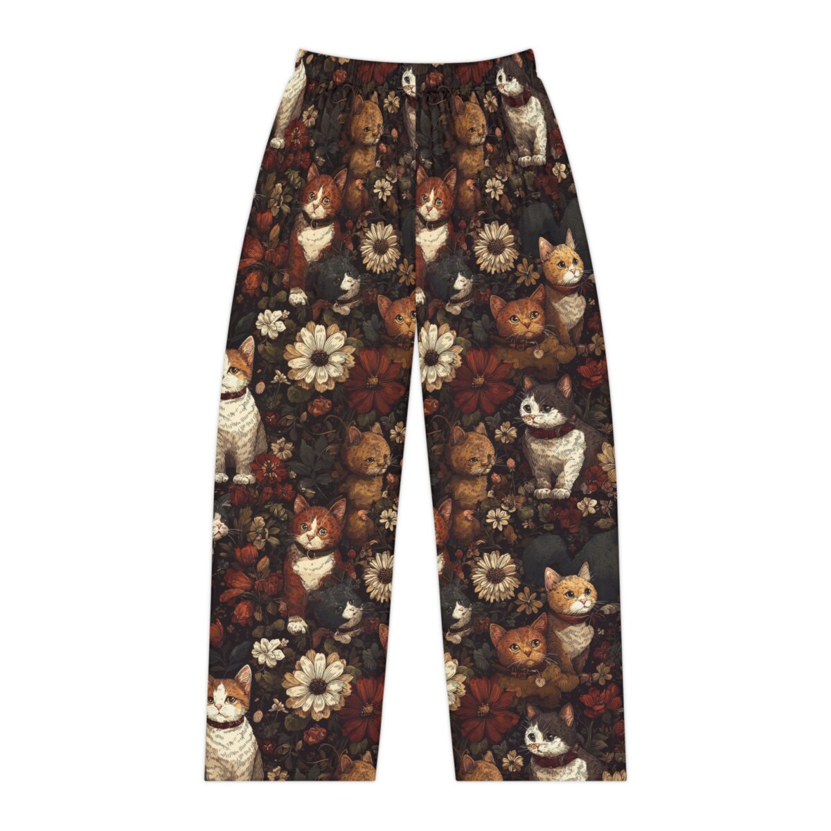 Dark floral print pajama pants featuring an all-over pattern of vintage-style cats and flowers. Offers a whimsical, retro aesthetic.