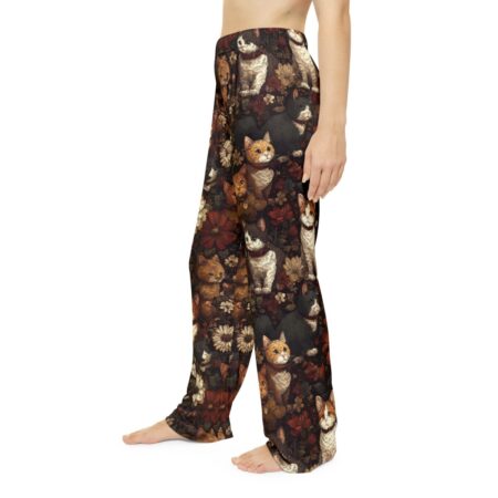 Vintage cat and floral all over print pajama pants, featuring a seamless sublimation wrap around design with multiple cat breeds and dark floral patterns.