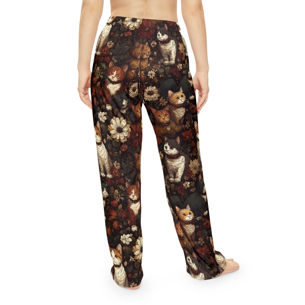 Vintage cat and floral print all over sublimation pajama pants featuring a dark, romantic aesthetic.
