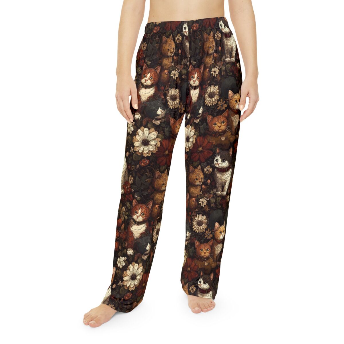 Vintage floral cat all over print pajama bottoms with seamless botanical pattern and wrap around kitten illustration design.
