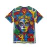 Vibrant all over print sublimation tee featuring a colorful sugar skull design with 'Viva La Vida' text. Streetwear aesthetic with floral accents.