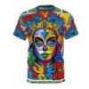 All over print sublimation tee featuring a colorful sugar skull face with Viva La Vida text, vibrant flowers, and ornate crown.