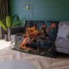 Fleece blanket featuring a fantasy warrior woman with a flaming tiger, mystical forest background with glowing elements and magical staff.