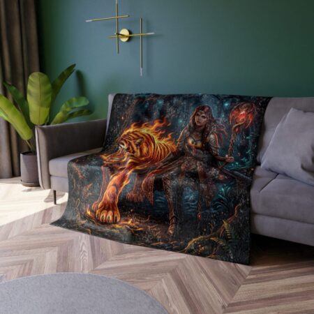Fleece blanket featuring a fantasy warrior woman with a flaming tiger, mystical forest background with glowing elements and magical staff.