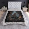 Dark fantasy warrior woman in green armor holding a sword, surrounded by an enchanted forest graphic all over print.