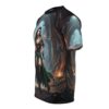 Fantasy warrior woman all over print sublimation tee, featuring a dark forest temple scene with glowing lanterns and intricate armor.