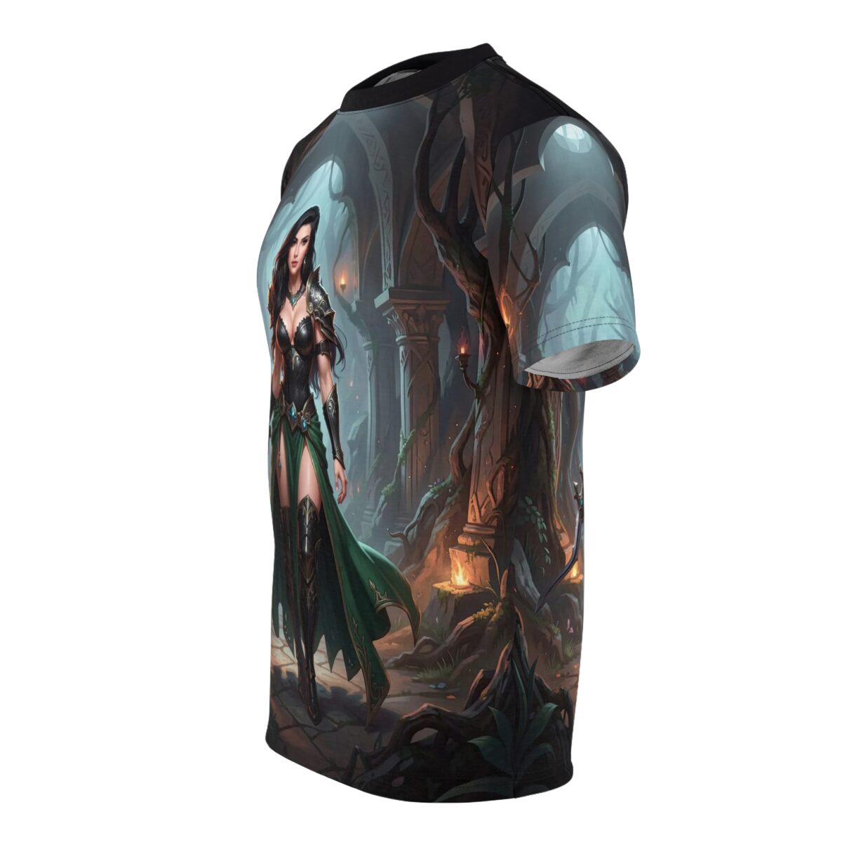 Fantasy warrior woman all over print sublimation tee, featuring a dark forest temple scene with glowing lanterns and intricate armor.