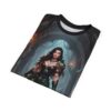 Warrior woman in black armor and green skirt on dark fantasy all over print sublimation tee.