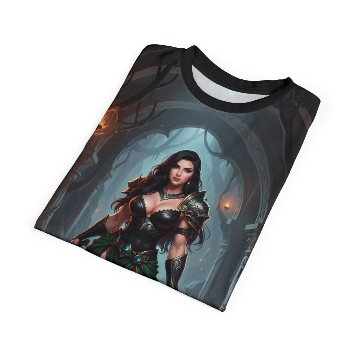 Warrior woman in black armor and green skirt on dark fantasy all over print sublimation tee.