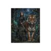Fantasy warrior woman with sword and tiger in moonlit forest, intricate armor and glowing flora.