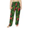 Watermelon slices and green leaves all over print pajama pants with a seamless pattern.
