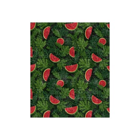 Refreshing all over print sublimation tee featuring vibrant watermelon slices and lush green leaves on a dark background.