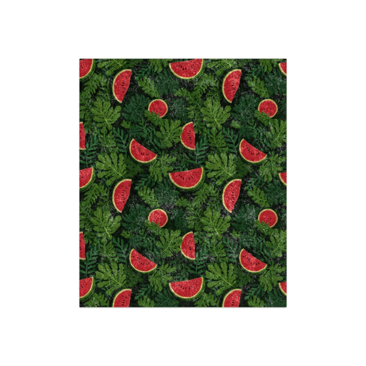 Refreshing all over print sublimation tee featuring vibrant watermelon slices and lush green leaves on a dark background.
